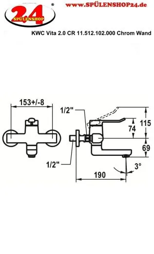 KWC Vita 2.0 11.512.102.000 WA Einhebelmischer Chrom Wandarmatur geeignet Medizinischer Bereich (125218)