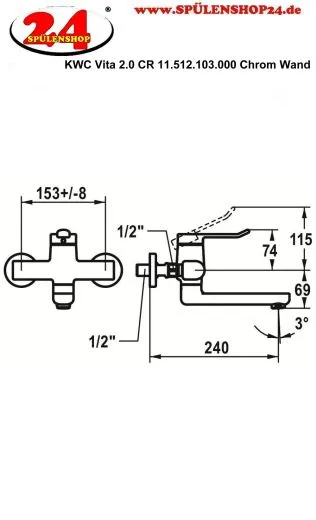 KWC Vita 2.0 11.512.103.000 WA Einhebelmischer Chrom Wandarmatur geeignet Medizinischer Bereich (125219)