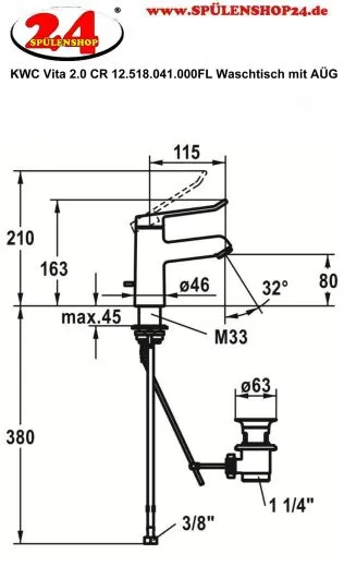 KWC Vita 2.0 12.518.041.000FL Einhebelmischer Waschtisch Chrom mit Festauslauf und Ablaufventil geeignet Medizinischer Bereich (125212)