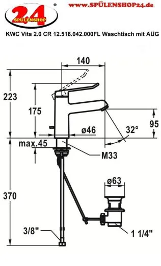 KWC Vita 2.0 12.518.042.000FL Einhebelmischer Waschtisch Chrom mit Festauslauf und Ablaufventil geeignet Medizinischer Bereich (125214)