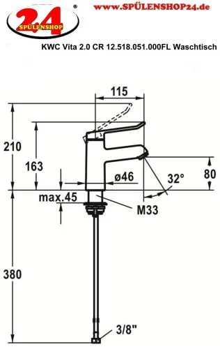 KWC Vita 2.0 12.518.051.000FL Einhebelmischer Waschtisch Chrom mit Festauslauf geeignet Medizinischer Bereich (125213)