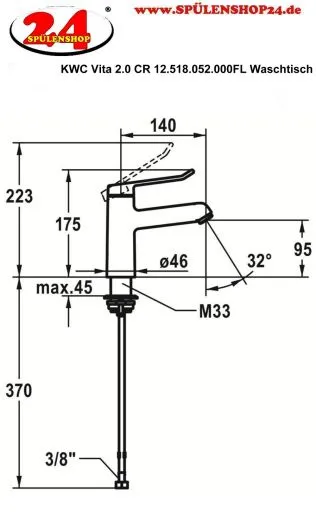 KWC Vita 2.0 12.518.052.000FL Einhebelmischer Waschtisch Chrom mit Festauslauf geeignet Medizinischer Bereich (125215)