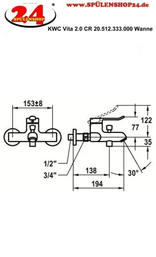 KWC Vita 2.0 20.512.333.000 WA Einhebelmischer Wanne Chrom Wandarmatur geeignet Medizinischer Bereich (125223)