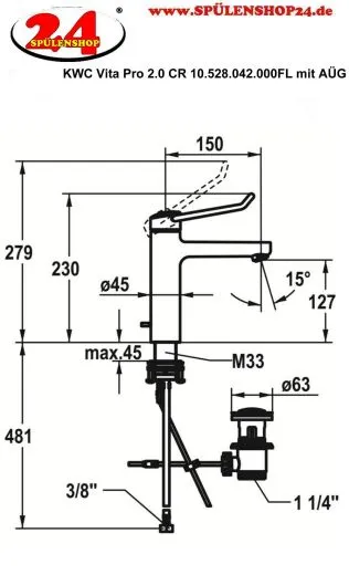 KWC Vita Pro 2.0 12.528.042.000FL Einhebelmischer Waschtisch Chrom mit Festauslauf und Ablaufventil geeignet Medizinischer Bereich (125226)