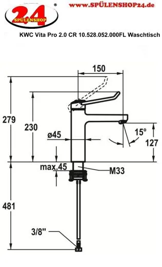 KWC Vita Pro 2.0 12.528.052.000FL Einhebelmischer Waschtisch Chrom mit Festauslauf geeignet Medizinischer Bereich (125227)