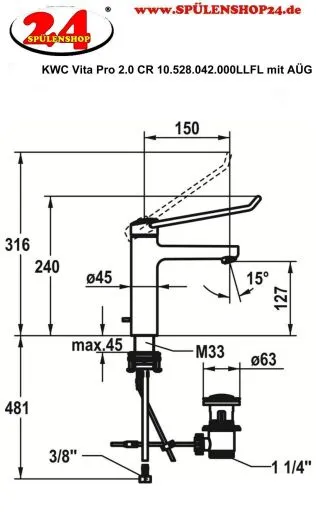 KWC Vita Pro 2.0 12.528.042.000LLFL Einhebelmischer Waschtisch Chrom mit Festauslauf und Ablaufventil geeignet Medizinischer Bereich (125228)