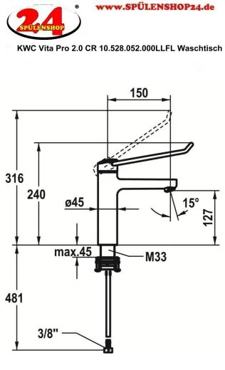 KWC Vita Pro 2.0 12.528.052.000LLFL Einhebelmischer Waschtisch Chrom mit Festauslauf geeignet Medizinischer Bereich (125229)