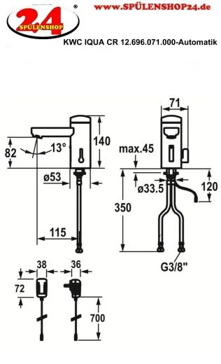 KWC IQUA 12.696.071.000 Automatik Armatur Waschtisch Chrom Infrarotsensorik opto-elektronisch gesteuert mit Netzteil (3600012668)