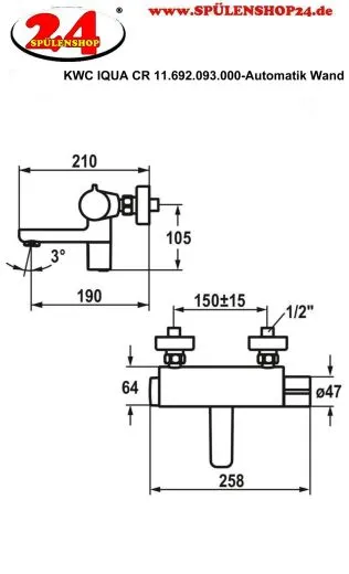 KWC IQUA 11.692.093.000 Thermostat Mischer Automatik Wand Armatur Waschtisch Chrom Infrarotsensorik opto-elektronisch gesteuert mit Batteriebetrieb (125262)