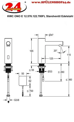 KWC ONO E 12.576.122.700FL Automatik Armatur Waschtisch Standventil Edelstahl Infrarotsensorik opto-elektronisch gesteuert mit Netzteil (3600001582)
