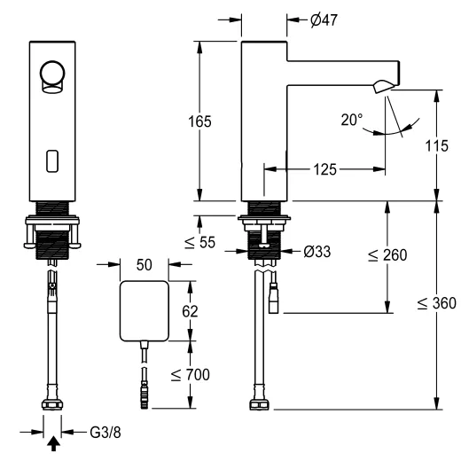 KWC ONO E 12.576.122.700FL Automatik Armatur Waschtisch Standventil Edelstahl Infrarotsensorik opto-elektronisch gesteuert mit Netzteil (3600001582)