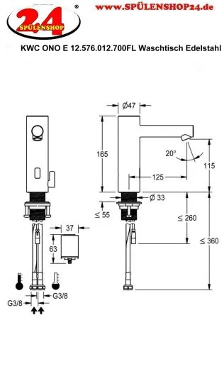 KWC ONO E 12.576.012.700FL Automatik Armatur Waschtisch Edelstahl Infrarotsensorik opto-elektronisch gesteuert mit Batteriebetrieb (3600001583)