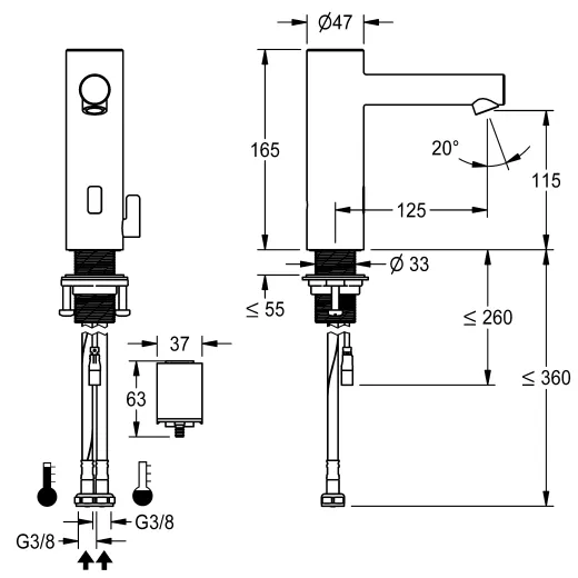 KWC ONO E 12.576.012.700FL Automatik Armatur Waschtisch Edelstahl Infrarotsensorik opto-elektronisch gesteuert mit Batteriebetrieb (3600001583)
