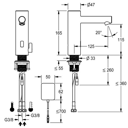 KWC ONO E 12.576.022.700FL Automatik Armatur Waschtisch Edelstahl Infrarotsensorik opto-elektronisch gesteuert mit Netzteil (3600001584)
