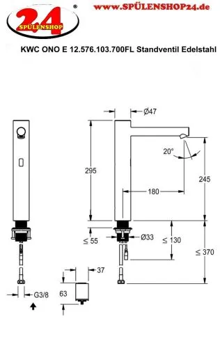 KWC ONO E 12.576.103.700FL Automatik Armatur Waschtisch Standventil Edelstahl Infrarotsensorik opto-elektronisch gesteuert mit Batteriebetrieb (3600001585)