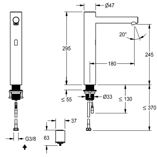 KWC ONO E 12.576.103.700FL Automatik Armatur Waschtisch Standventil Edelstahl Infrarotsensorik opto-elektronisch gesteuert mit Batteriebetrieb (3600001585)