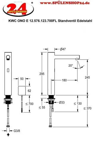KWC ONO E 12.576.123.700FL Automatik Armatur Waschtisch Standventil Edelstahl Infrarotsensorik opto-elektronisch gesteuert mit Netzteil (3600001586)