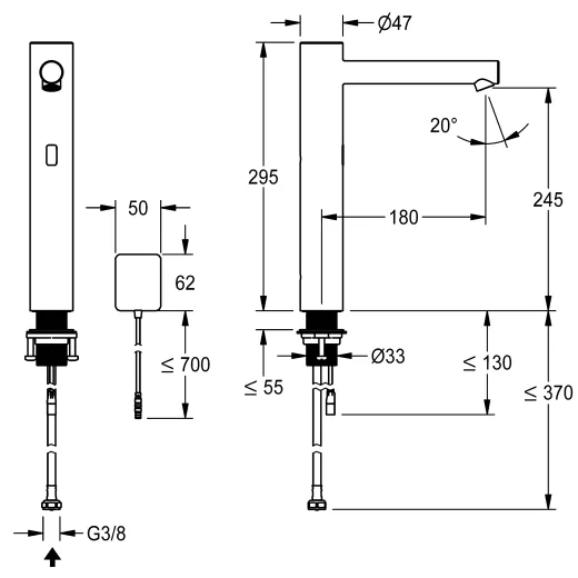 KWC ONO E 12.576.123.700FL Automatik Armatur Waschtisch Standventil Edelstahl Infrarotsensorik opto-elektronisch gesteuert mit Netzteil (3600001586)
