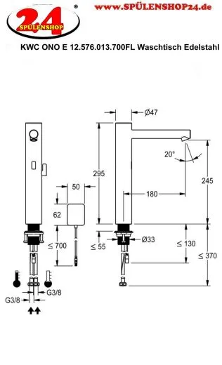 KWC ONO E 12.576.013.700FL Automatik Armatur Waschtisch Edelstahl Infrarotsensorik opto-elektronisch gesteuert mit Batteriebetrieb (3600001587)
