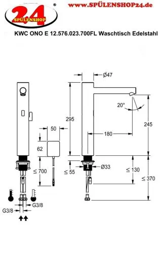 KWC ONO E 12.576.023.700FL Automatik Armatur Waschtisch Edelstahl Infrarotsensorik opto-elektronisch gesteuert mit Netzteil (3600001588)