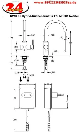 KWC PROFESSIONAL F5E Hybrid-Kchenarmatur Elektronik Standbatterie F5LME001 DN 15, opto-elektronisch gesteuert mit Netzteil