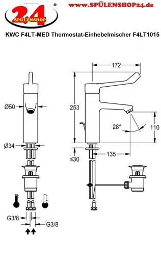 KWC PROFESSIONAL F4LT-Med Therm Thermostat Einhebel-Standbatterie F4LT1015 Barrierefrei DN 15 mit Zugstange im Gesundheitswesen oder Pflegebereich
