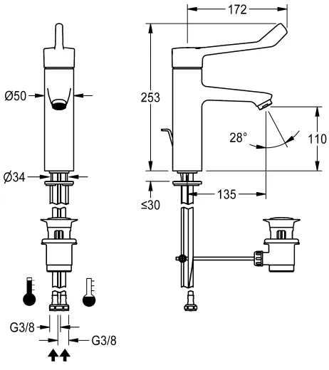 KWC PROFESSIONAL F4LT-Med Therm Thermostat Einhebel-Standbatterie F4LT1015 Barrierefrei DN 15 mit Zugstange im Gesundheitswesen oder Pflegebereich