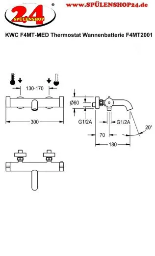 KWC PROFESSIONAL F4MT-Med Thermostat 2-Griff Wannenbatterie F4MT2001 Barrierefrei im Gesundheitswesen oder Pflegebereich