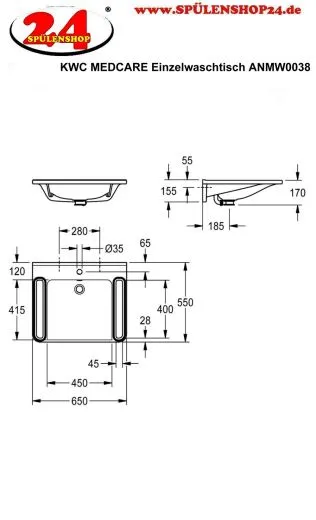 KWC PROFESSIONAL MEDCARE Einzelwaschtisch ANMW0038 Waschtisch MIRANIT fr Wandmontage unterfahrbar Barrierefrei* fr Rollstuhlfahrer geeignet
