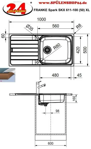 FRANKE Kchensple Spark SKX 611-100 (50) XL Einbausple / Edelstahlsple mit Einbaurand und Siebkorb als Drehknopfventil