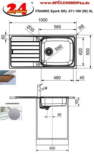 FRANKE Kchensple Spark SKL 611-100 (50) XL Einbausple / Edelstahlsple Leinenoptik mit Einbaurand und Siebkorb als Drehknopfventil