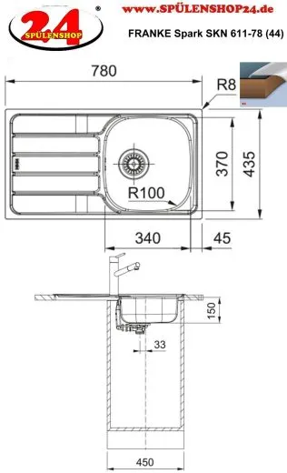 ✅ FRANKE Kchensple Spark SKN 611-78 (44) Einbausple / Edelstahlsple mit Einbaurand und Siebkorb als Stopfen- oder Drehknopfventil