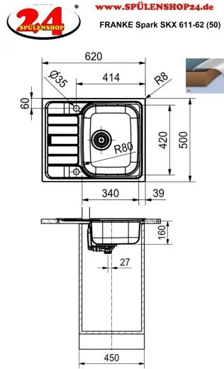 FRANKE Kchensple Spark SKX 611-62 (50) Einbausple / Edelstahlsple mit Einbaurand und Siebkorb als Drehknopfventil