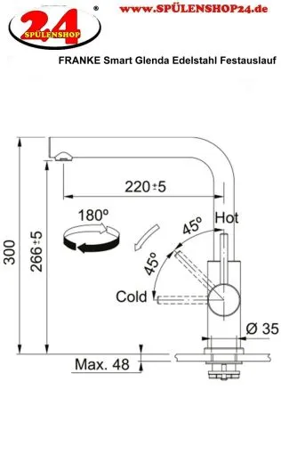 FRANKE Kchenarmatur Smart Glenda Einhebelmischer Edelstahl massiv mit Festauslauf und Laminar Perlator 180 schwenkbarer Auslauf