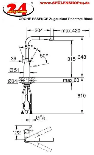 ✅ GROHE Kchenarmatur Essence Phantom Black Einhebelmischer Schwarz matt mit Zugauslauf und Brausefunktion (30504KF0)