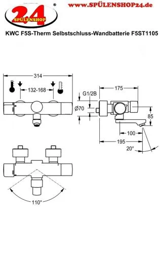 KWC PROFESSIONAL F5S-Therm Selbstschluss-Thermostat-Wandbatterie F5ST1105 DN 15 zur Aufputzmontage FRAMIC INSIDE Selbstschlusskartusche mit C-Modul