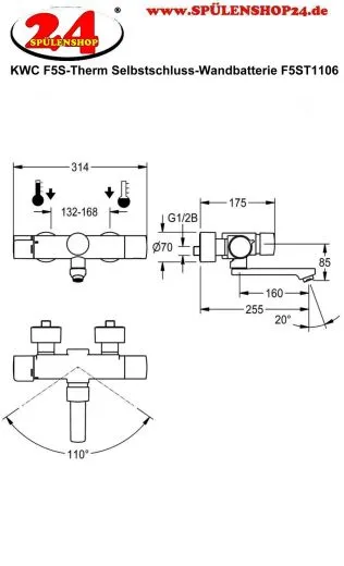 KWC PROFESSIONAL F5S-Therm Selbstschluss-Thermostat-Wandbatterie F5ST1106 DN 15 zur Aufputzmontage FRAMIC INSIDE Selbstschlusskartusche mit C-Modul