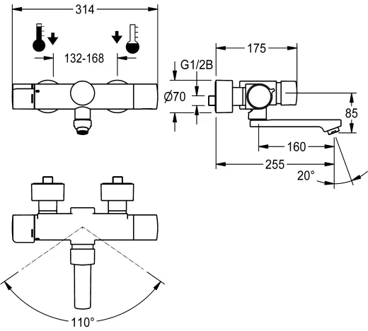 KWC PROFESSIONAL F5S-Therm Selbstschluss-Thermostat-Wandbatterie F5ST1106 DN 15 zur Aufputzmontage FRAMIC INSIDE Selbstschlusskartusche mit C-Modul