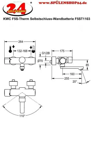 KWC PROFESSIONAL F5S-Therm Selbstschluss-Thermostat-Wandbatterie F5ST1103 DN 15 zur Aufputzmontage FRAMIC INSIDE Selbstschlusskartusche