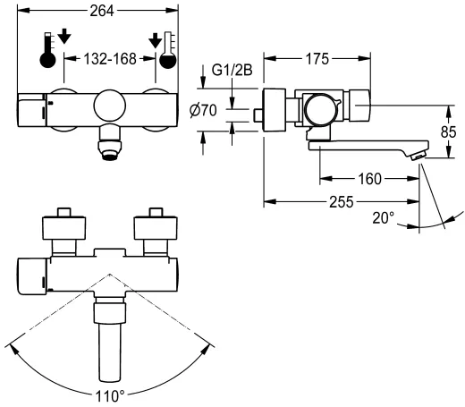 KWC PROFESSIONAL F5S-Therm Selbstschluss-Thermostat-Wandbatterie F5ST1103 DN 15 zur Aufputzmontage FRAMIC INSIDE Selbstschlusskartusche
