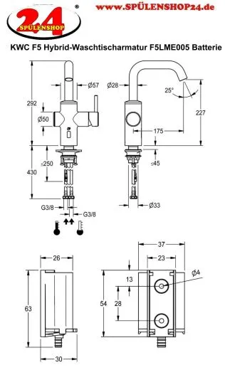 KWC PROFESSIONAL F5E Hybrid-Waschtischarmatur Elektronik Standbatterie F5LME005 DN 15, opto-elektronisch gesteuert mit Batteriefach