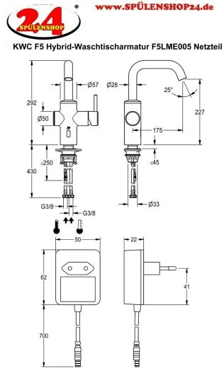 KWC PROFESSIONAL F5E Hybrid-Waschtischarmatur Elektronik Standbatterie F5LME005 DN 15, opto-elektronisch gesteuert mit Netzteil