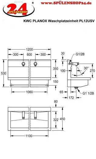 KWC PROFESSIONAL Planox Waschplatzeinheit mit Selbstschluss-Wandventilen PL12USV fr Wandmontage Breite 1200mm