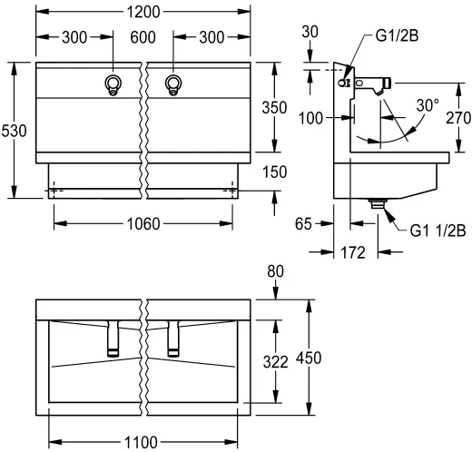 KWC PROFESSIONAL Planox Waschplatzeinheit mit Selbstschluss-Wandventilen PL12USV fr Wandmontage Breite 1200mm