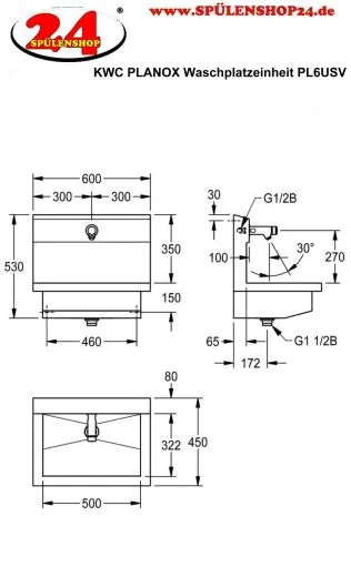 KWC PROFESSIONAL Planox Waschplatzeinheit mit Selbstschluss-Wandventilen PL6USV fr Wandmontage Breite 600mm