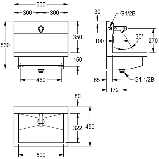 KWC PROFESSIONAL Planox Waschplatzeinheit mit Selbstschluss-Wandventilen PL6USV fr Wandmontage Breite 600mm