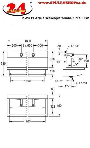 KWC PROFESSIONAL Planox Waschplatzeinheit mit Selbstschluss-Wandventilen PL18USV fr Wandmontage Breite 1800mm