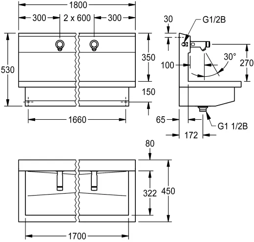 KWC PROFESSIONAL Planox Waschplatzeinheit mit Selbstschluss-Wandventilen PL18USV fr Wandmontage Breite 1800mm