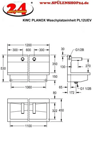 KWC PROFESSIONAL Planox Waschplatzeinheit mit Elektronik-Wandventilen PL12UEV fr Wandmontage Breite 1200mm