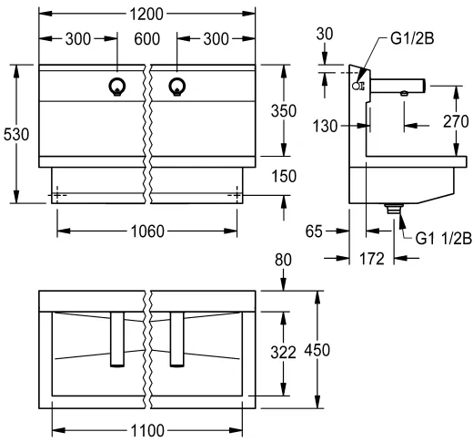 KWC PROFESSIONAL Planox Waschplatzeinheit mit Elektronik-Wandventilen PL12UEV fr Wandmontage Breite 1200mm